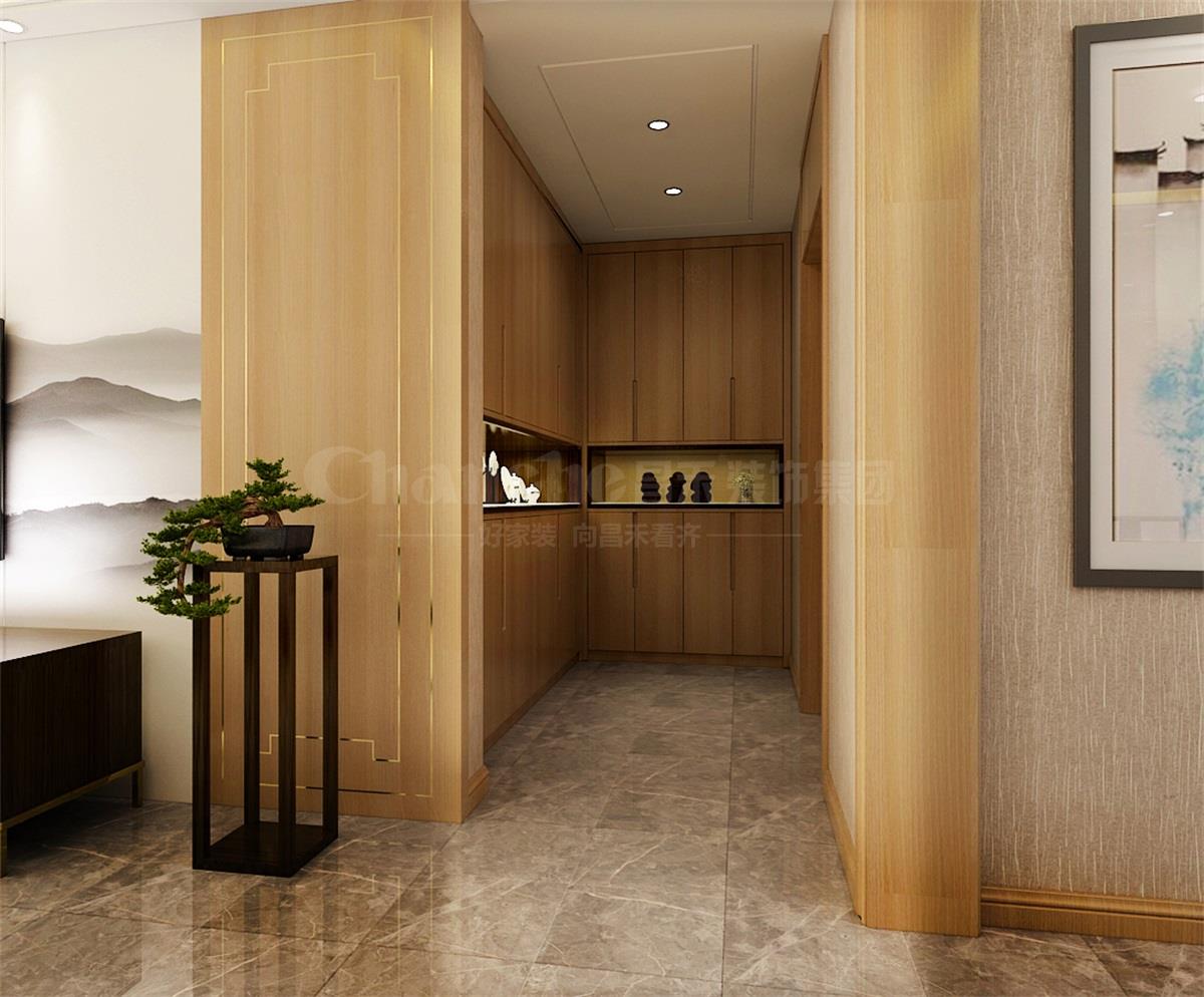 進(jìn)門處的鞋柜，既滿足了屋主的生活習(xí)慣，又體現(xiàn)出對(duì)自然人文古意的喜好之情。